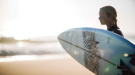 Beautiful surfer girl with surfboard on the beach at sunsetの素材