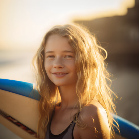 Beautiful girl with surfboard on the beach at sunset. Close-up portraitの素材