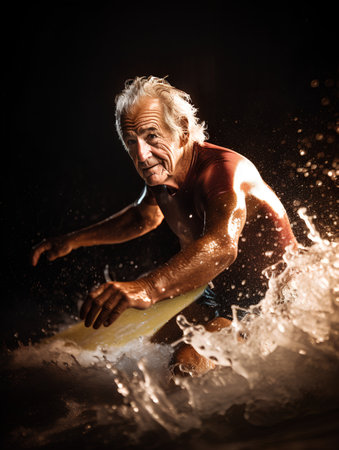 Portrait of senior man with surfboard on black background with splashesの素材
