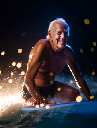 Portrait of senior man surfing in the sea at night time.の素材