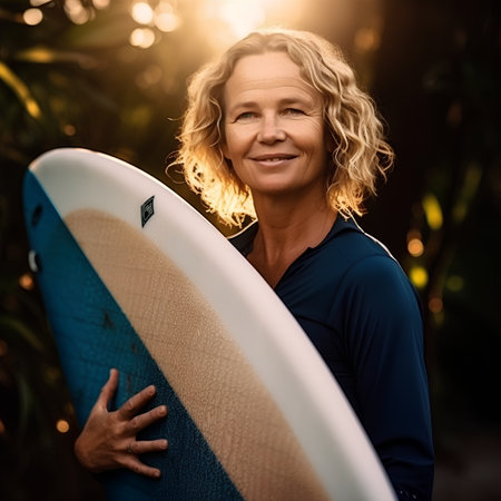 Portrait of a smiling senior woman with surfboard in her handの素材