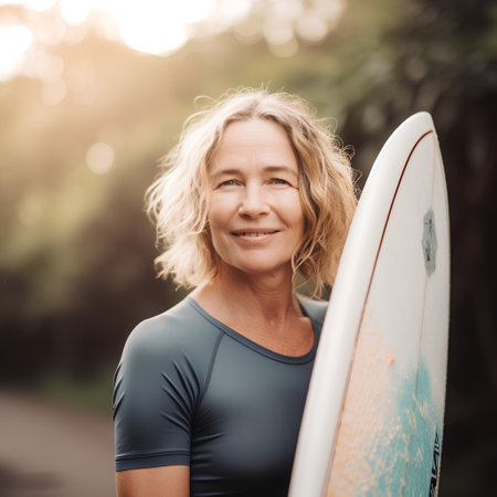 Portrait of a smiling senior woman with surfboard in the parkの素材