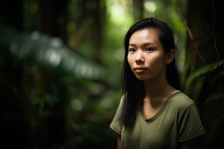 Beautiful young asian woman looking at camera in the rainforestの素材