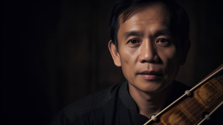 Portrait of asian man playing the guitar on dark background.の素材