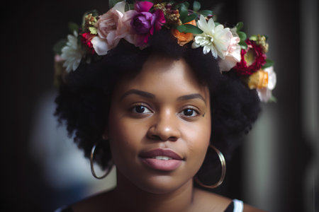 Portrait of beautiful african american woman with flowers in her hairの素材