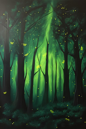 Illustration of a mystical forest with a green light coming through the treesの素材