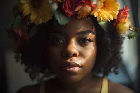 Portrait of a beautiful african american woman with flowers in her hairの素材