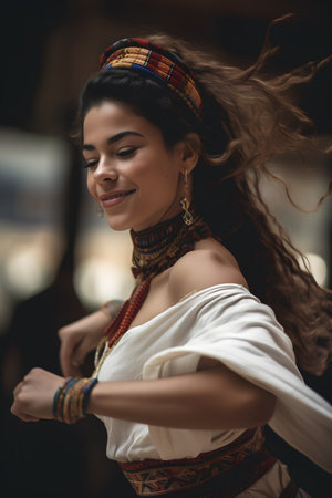 Portrait of a beautiful young woman with long brown hair in ethnic clothesの素材