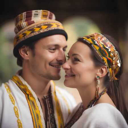 Portrait of a happy young couple in traditional clothes at outdoors.の素材