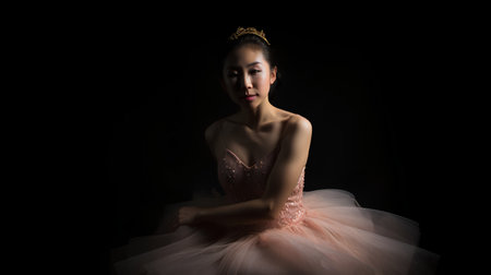Portrait of beautiful young asian woman in pink dress on black backgroundの素材