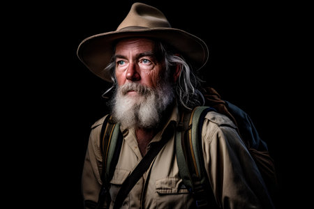 Portrait of an elderly man with a long white beard and mustache wearing a hat and backpack on a black backgroundの素材