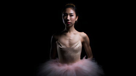 Portrait of beautiful asian woman wearing pink tutu on black backgroundの素材