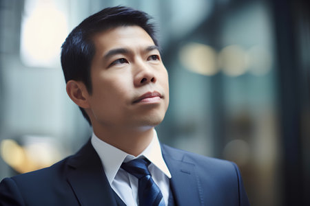 Portrait of a young asian businessman looking up at office buildingの素材