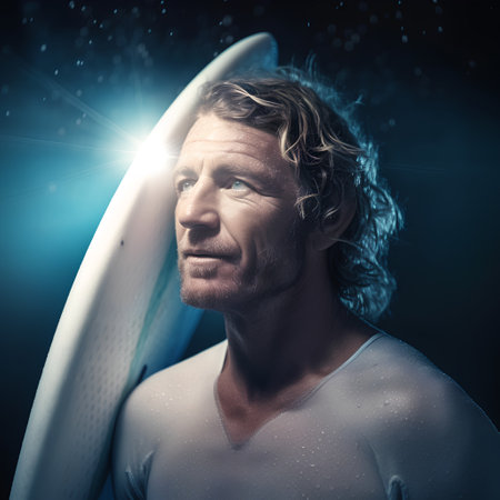 Portrait of a surfer with surfboard in the ocean.の素材