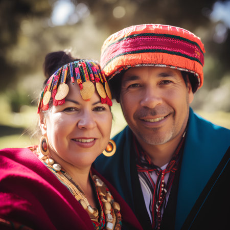 Portrait of a happy couple wearing traditional clothing in the countryside.の素材