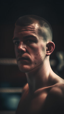 Portrait of a young boxer standing in a boxing ring, looking at the cameraの素材