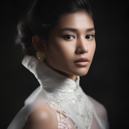 Portrait of beautiful asian woman in white lace dress on black backgroundの素材