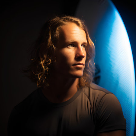 Portrait of a handsome young man with long blond curly hair.の素材