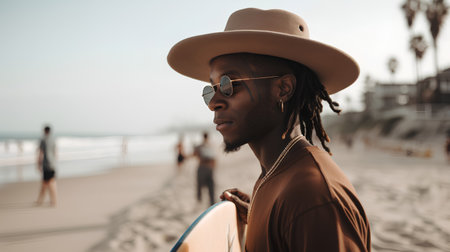 Handsome african american man in hat and sunglasses holding surfboard on beachの素材