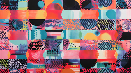 Abstract seamless pattern with colorful geometric shapes. Hand-drawn illustration.の素材