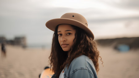 Portrait of a beautiful young woman in hat on the beach.の素材