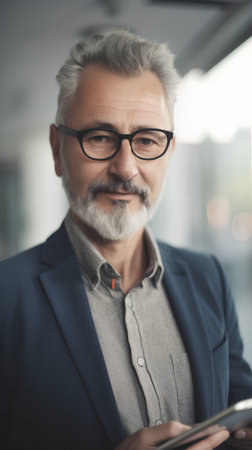 Portrait of senior businessman using digital tablet in office. Mature man in eyeglasses looking at camera and smiling.の素材
