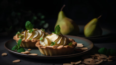 Pear tartlets with fresh pears and almonds on a dark backgroundの素材