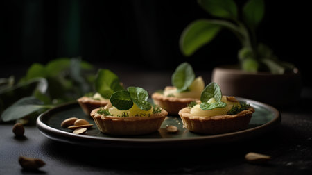 Mini tartlets with pistachios and mint leafs, selective focusの素材