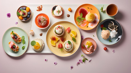 Top view of tasty appetizers on platesrated with fruits and berriesの素材