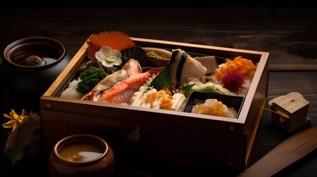Sushi set in a wooden box on a dark background, Japanese foodの素材