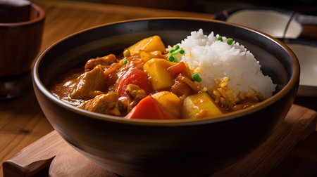 Japanese curry rice with chicken and vegetables in a bowl on a wooden tableの素材