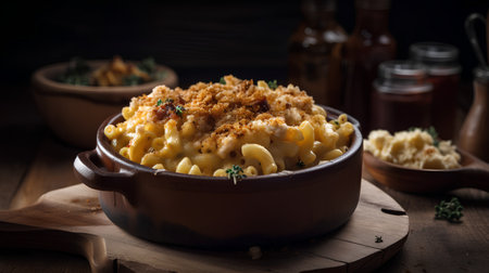 Casserole with macaroni and cheese on a wooden tableの素材