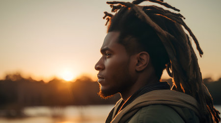 Side view of young african american man with dreadlocks hairstyle looking away at sunsetの素材