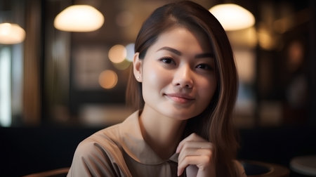 Beautiful asian woman smile and relax in cafe, asia beautyの素材