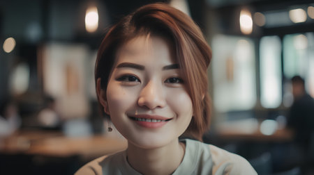 Beautiful asian woman smile and look at camera in coffee shopの素材