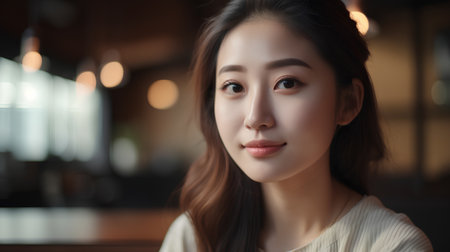 Portrait of a beautiful young asian woman smiling in cafe.の素材