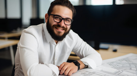 Portrait of a handsome bearded architect sitting at his desk in officeの素材