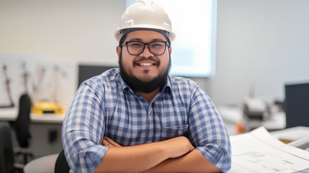 Portrait of a smiling male architect in hardhat standing with arms crossed in officeの素材