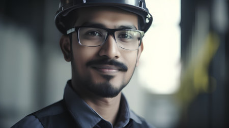 Portrait of young Asian male worker wearing safety helmet and glasses.の素材