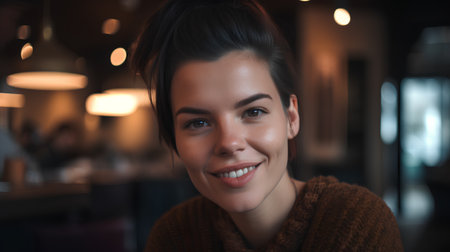Portrait of beautiful young woman smiling at camera in a cafe.の素材