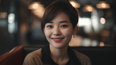 Beautiful asian woman smiling and looking at camera in coffee shopの素材