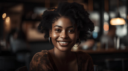Portrait of beautiful young african american woman with afro hairstyle in cafe.の素材