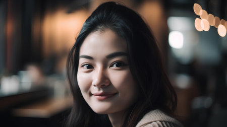 Portrait of a beautiful young asian woman in a cafe.の素材