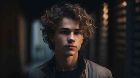 Portrait of a handsome young man with curly hair. Men's beauty, fashion.の素材