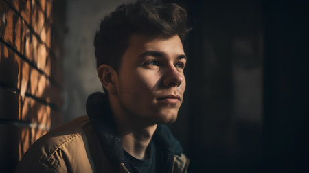Portrait of a handsome young man in a jacket and scarf.の素材