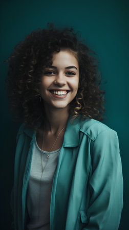 Portrait of a smiling young woman with curly hair and earphonesの素材