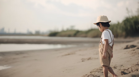 Cute asian boy walking on the beach in the evening.の素材