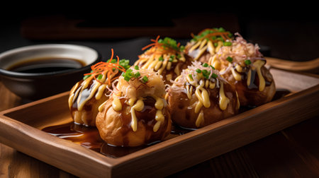 Takoyaki japanese food with soy sauce on wooden backgroundの素材