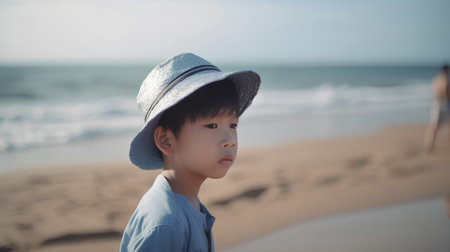Portrait of a cute asian boy with hat on the beachの素材