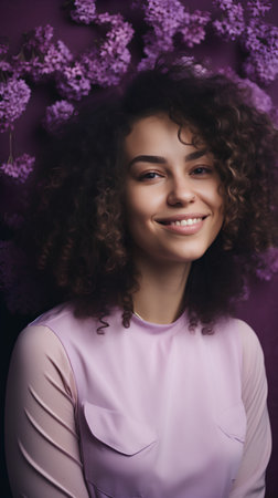 Portrait of beautiful young woman with curly hair. Studio shot.の素材